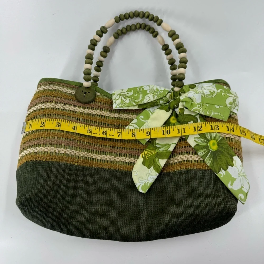 Unbranded Green/Tan Striped Tote with Beaded Handle‎ with Bow Detail